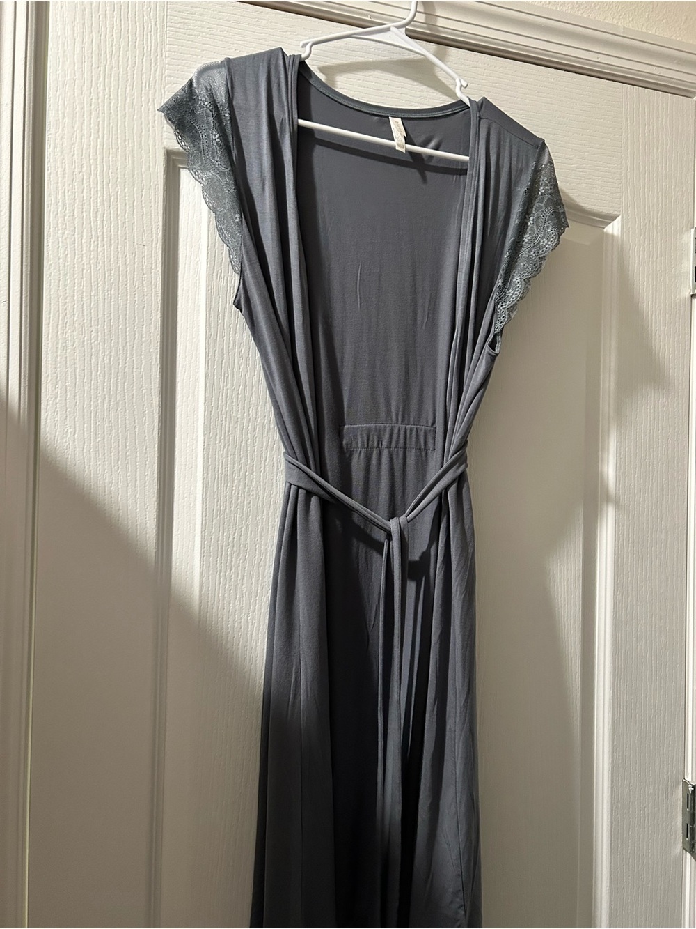 Blue Gray Lace-Trim Robe with Self Tie